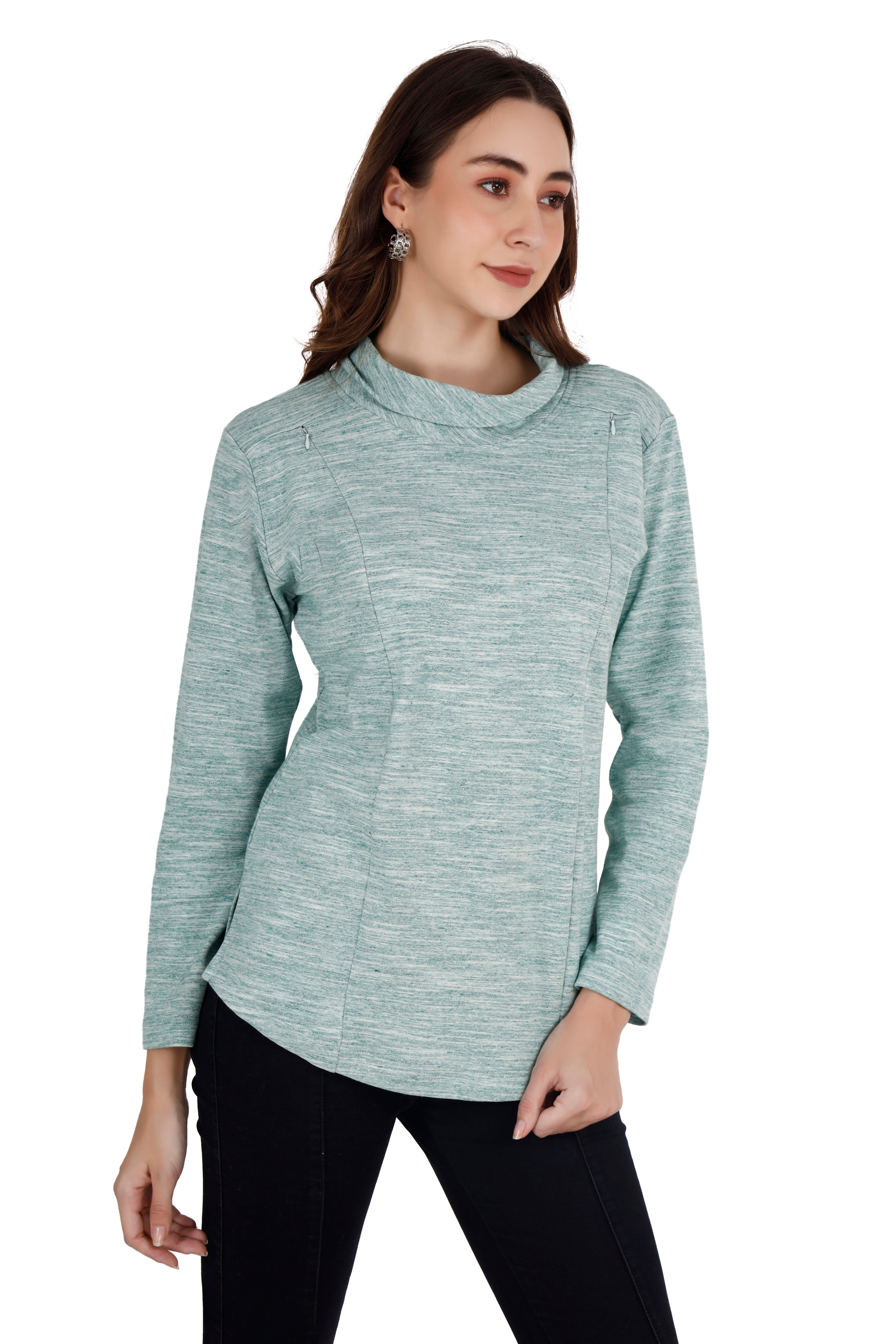 Women's Shovel Neck Textured Green Relaxed Sweatshirt thumbnail 3